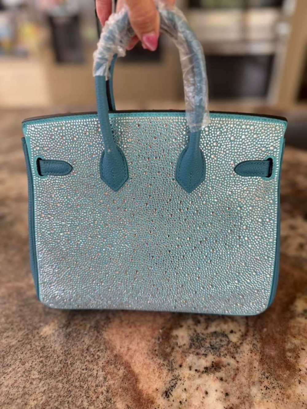 Bling Birkin 25 Bleu Atoll Swarovski Crystal PHW - Picture 7 of 14
